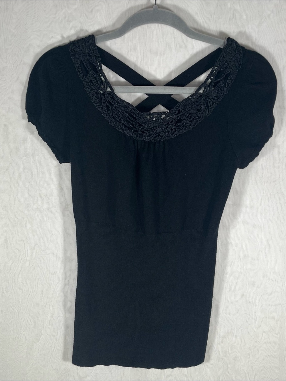 Heart Soul Black Crochet Lace Trim Blouse Knit Cross Back Top Medium